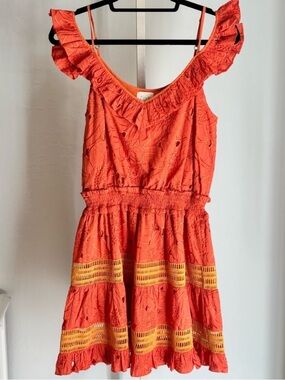 TRYB Orange Cotton Embroidered Ruffle Front Flare Mini Dress, M NWT